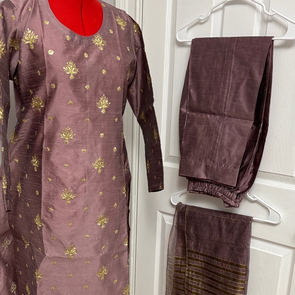 Mauve Embroidered Salwar Kameez Set with Gold Motifs